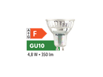 GU10 žarnica z energijsko nalepko F, 4,8 W in 350 lm.