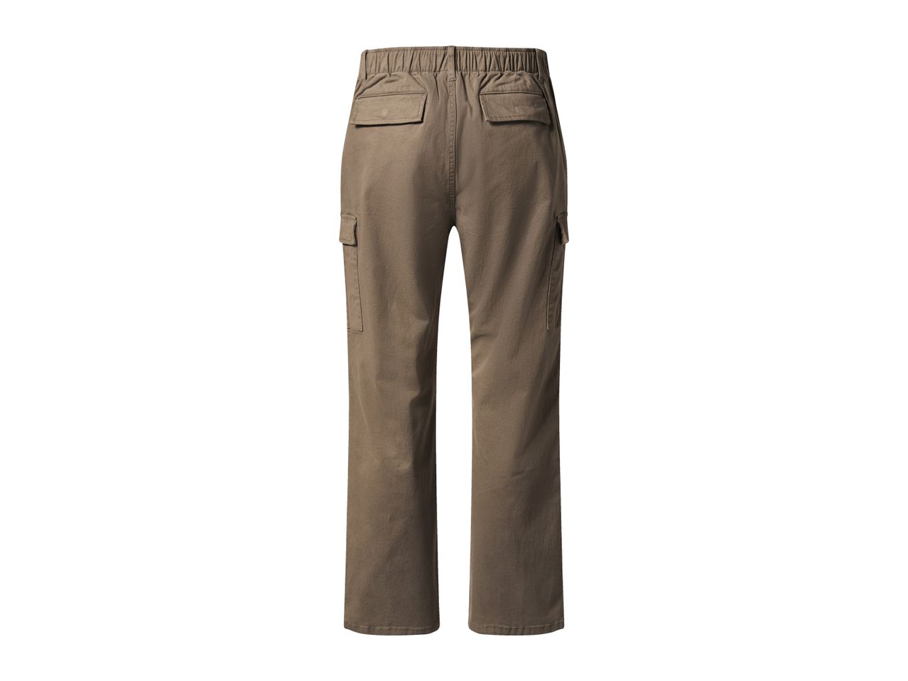 Back view of brown cargo pants with an elastic waistband and multiple pockets.