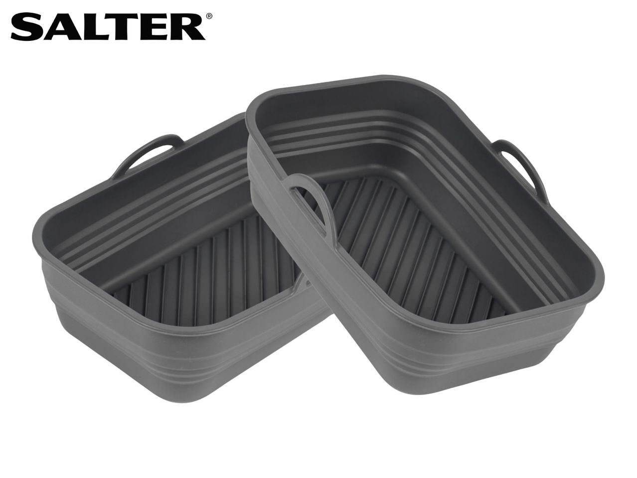 Two grey silicone air fryer liners with handles and ribbed bases.