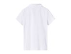 White short-sleeved polo shirt with a scalloped collar, back view.