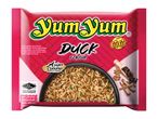 Instant duck flavour noodles in a red package, with a bowl of noodles and spices.