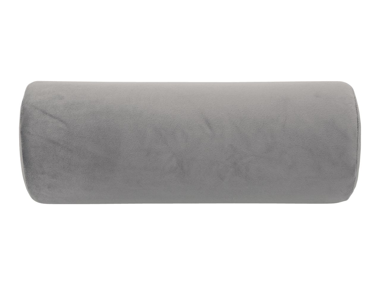 Grey cylindrical bolster pillow with a soft, velvety texture