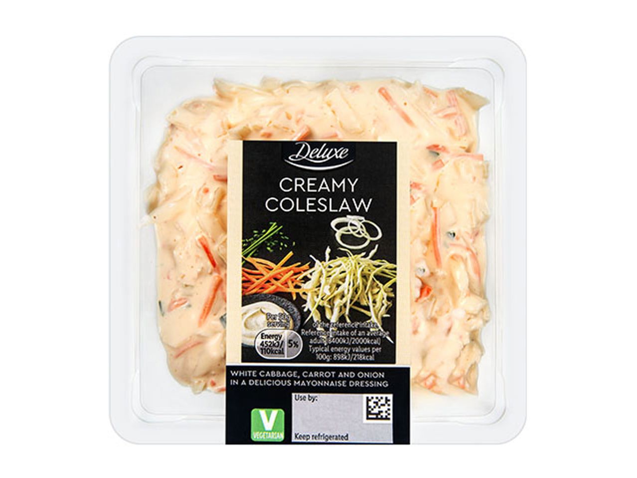 A clear plastic container of Deluxe Creamy Coleslaw with a black label.