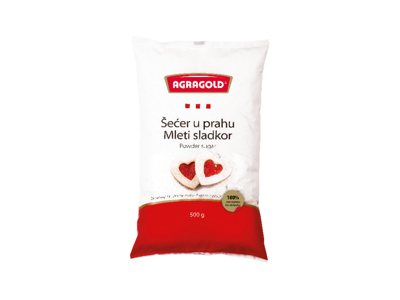 AGRAGOLD šećer u prahu, 500 g, s kolačićima u obliku srca.
