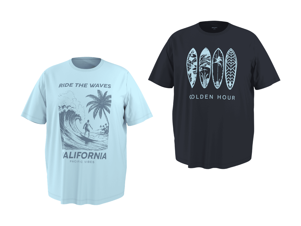 Deux t-shirts à motifs de surf : un bleu clair avec un surfeur et un palmier, un noir avec des planches de surf et le texte 'GOLDEN HOUR'.