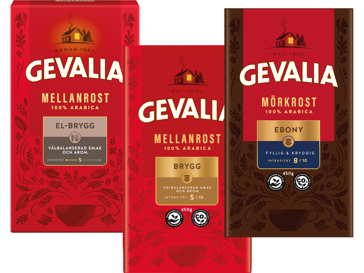Tre paket kaffe med olika rostningsgrader: mellanrost, mellanrost och mörkrost.