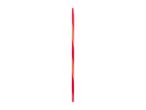 A single red and white striped candy cane standing upright on a white background.