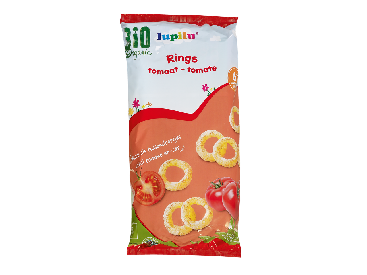 Sachet de snacks bio Lupilu Rings saveur tomate pour bébés de 6 mois et plus.