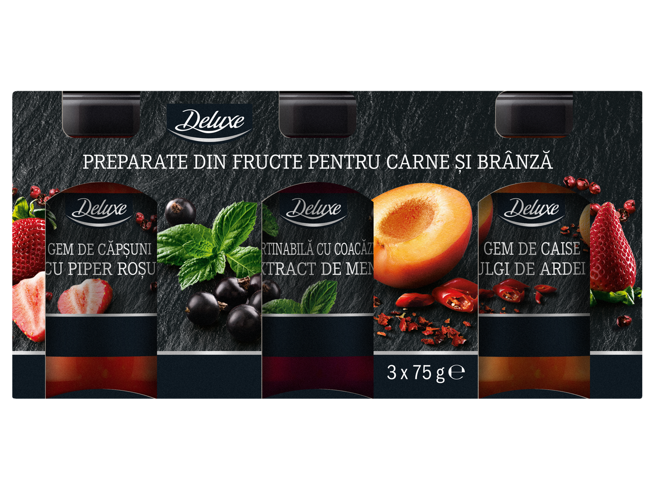 Deluxe: Preparate din fructe pentru carne și brânză, cu gem de căpșuni, coacăze și caise.