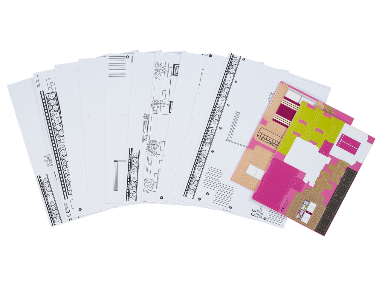 crelando® Leļļu mājas komplekts: zīmējumu lapas un krāsainas izgriežamās detaļas.