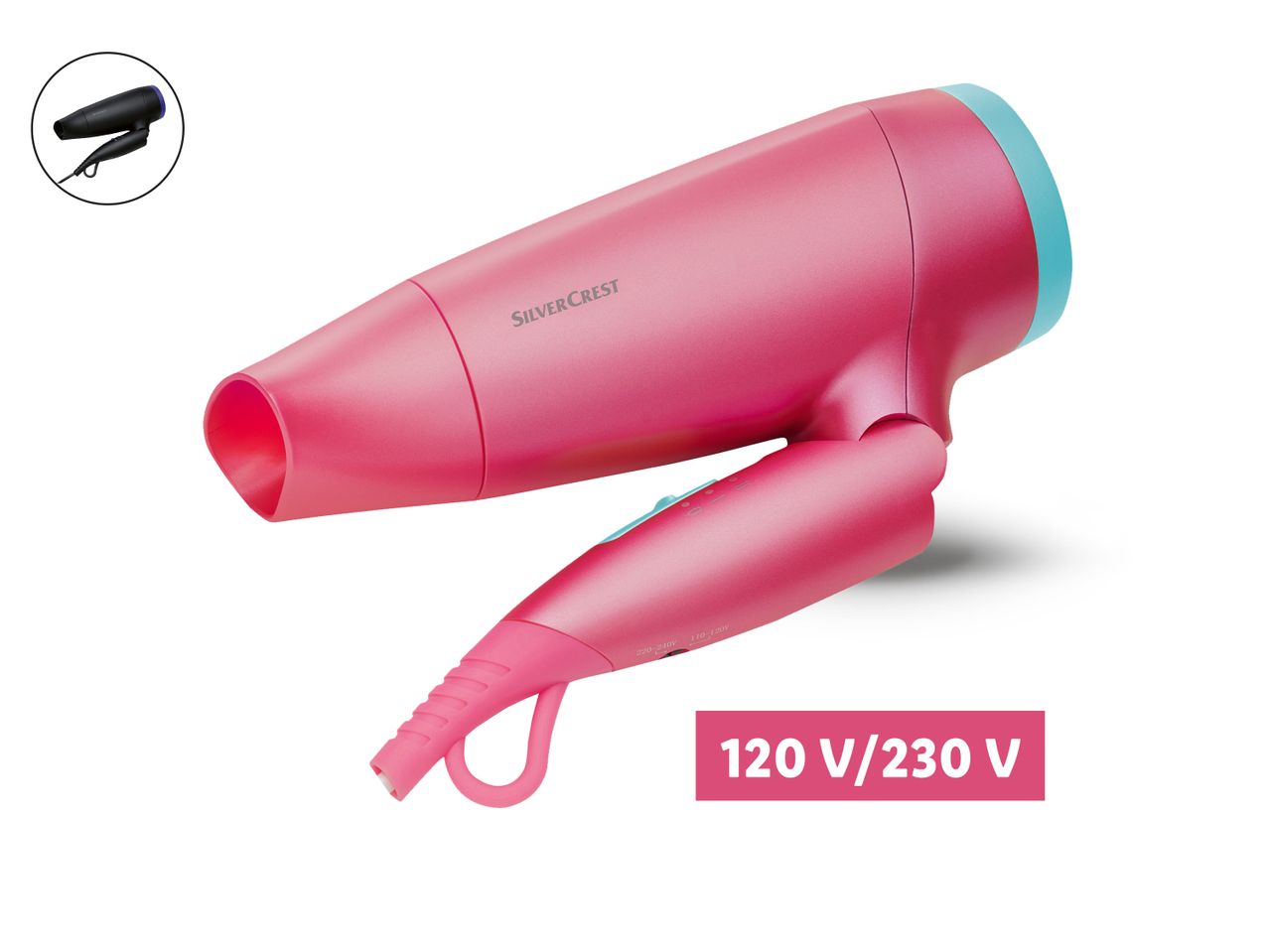 Ružičasti fen za kosu s dvostrukim naponom (120 V/230 V).