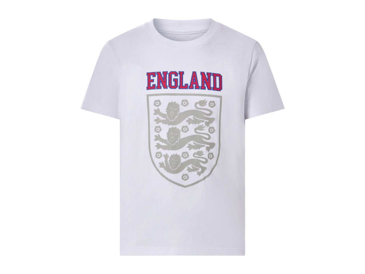 White short-sleeved t-shirt with 'ENGLAND' text and a shield with three lions.