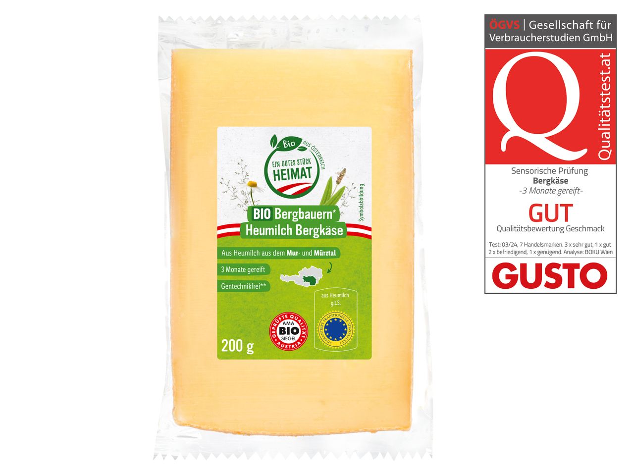 200 g BIO Bergbauern Heumilch Bergkäse, Qualitätsprüfung bestanden.