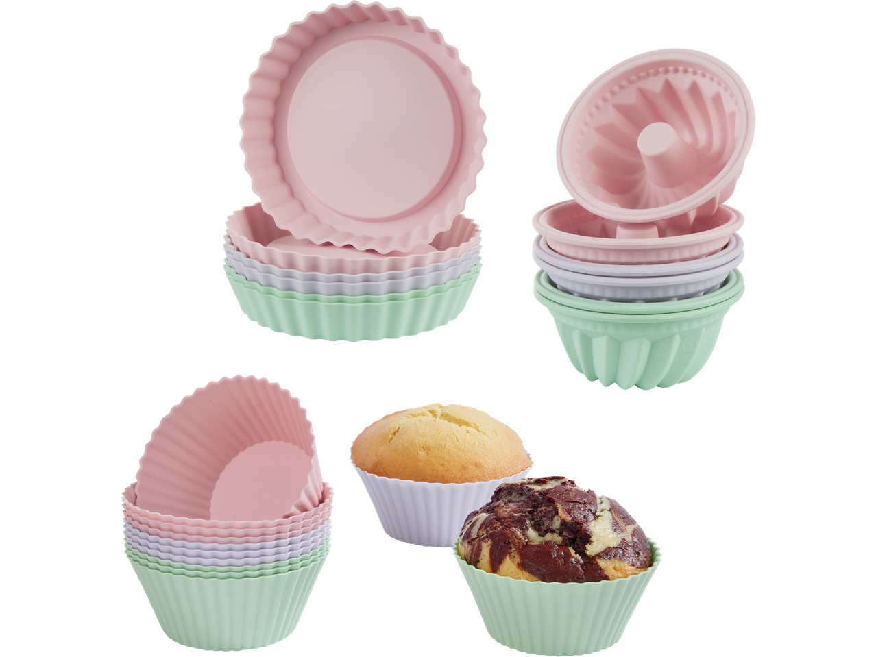 Silikonformar för bakning i olika färger och former, inklusive muffinsformar och kakformar, med två muffins.