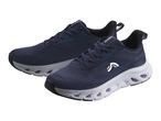Pair of navy blue athletic shoes with white soles and a white logo on the side.