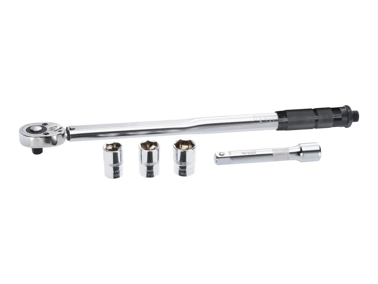 A torque wrench with three sockets and an extension bar.