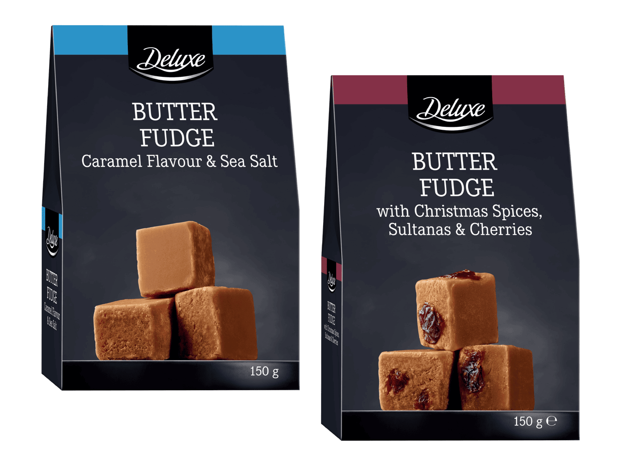 Kaksi 150 g pakkausta voifudgea: kinuskin ja merisuolan sekä jouluisten mausteiden makuina.