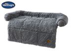 Grey fluffy pet bed with raised sides, featuring a soft, shaggy texture.