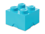 Ein türkisfarbener LEGO-Stein mit vier Noppen, auf denen das LEGO-Logo eingeprägt ist.