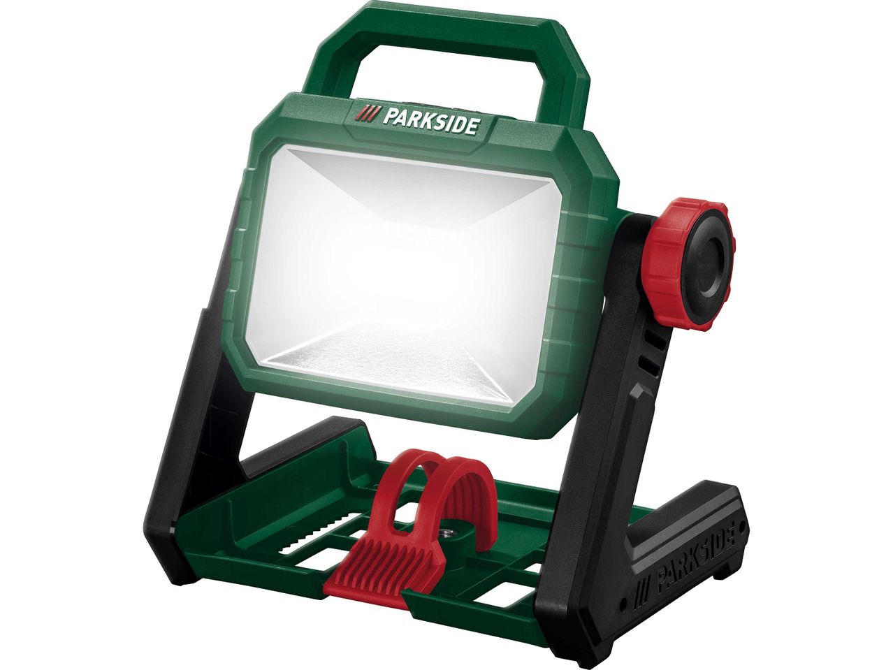 Parkside LED-es munkalámpa állvánnyal és piros kábeltartóval.