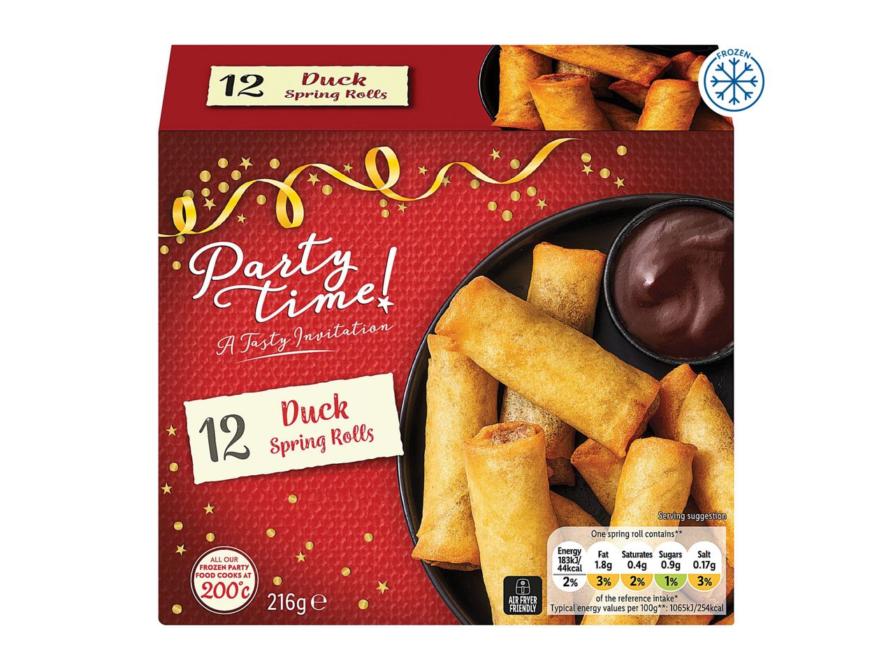 Frozen duck spring rolls in a party-themed box, with nutritional information and cooking instructions.
