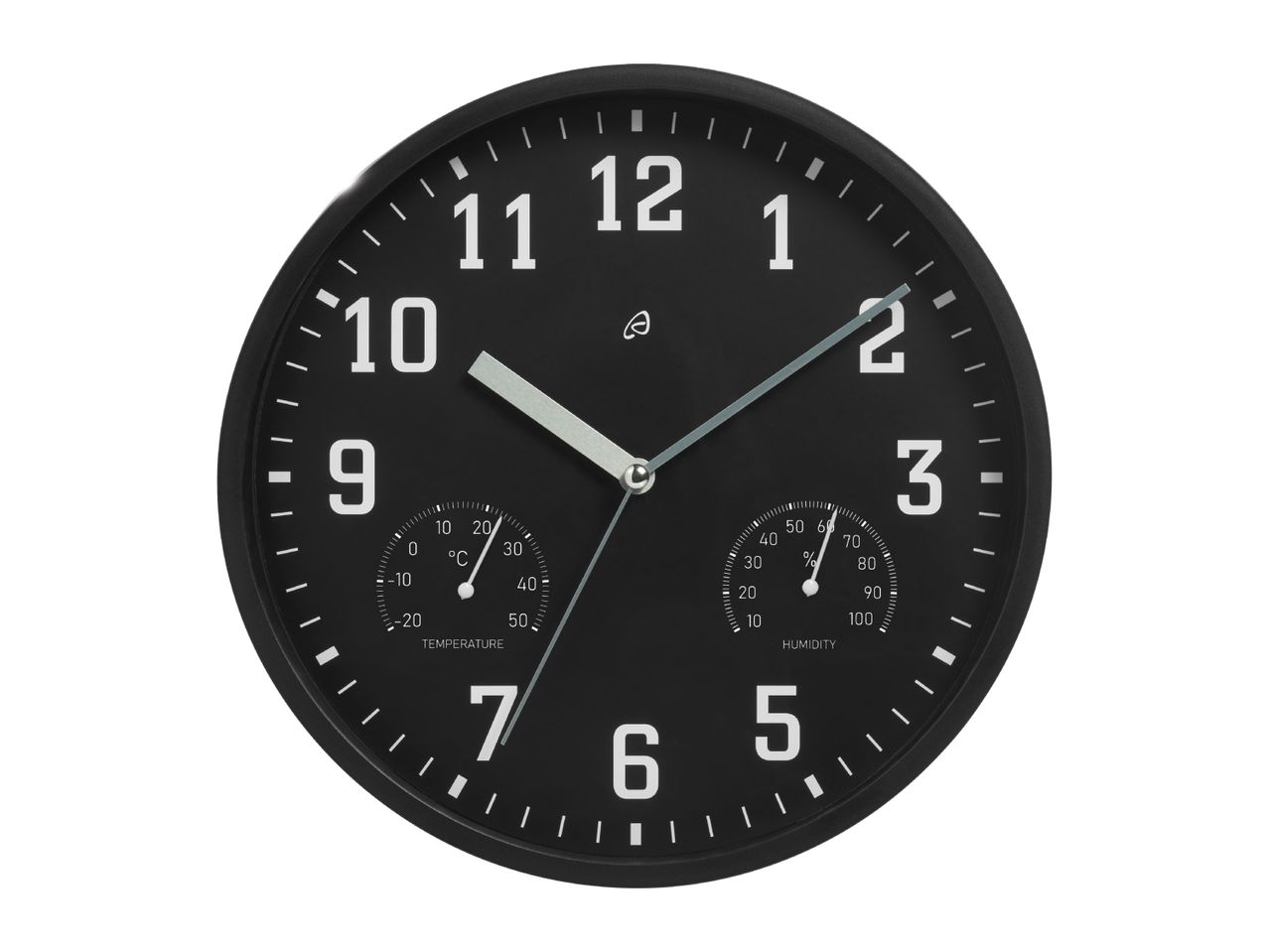 A black wall clock with white numbers, featuring temperature and humidity gauges.