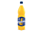 Een fles sinaasappeldrank met pulp, met een blauw etiket en dop.