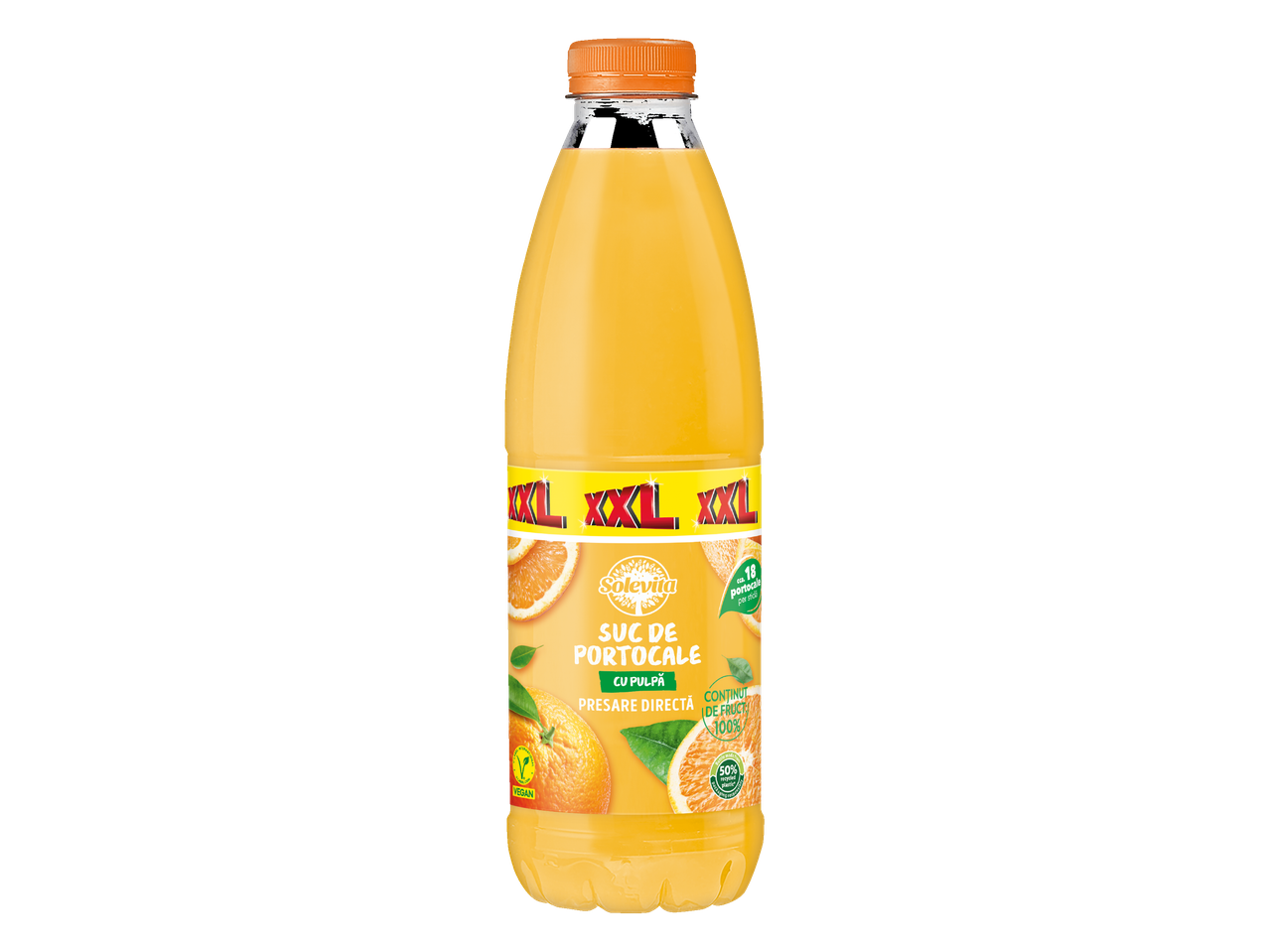 Sticla de suc de portocale Solevita XXL cu pulpă, presare directă.