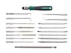 A set of precision tools including a screwdriver handle, various bits, and files.