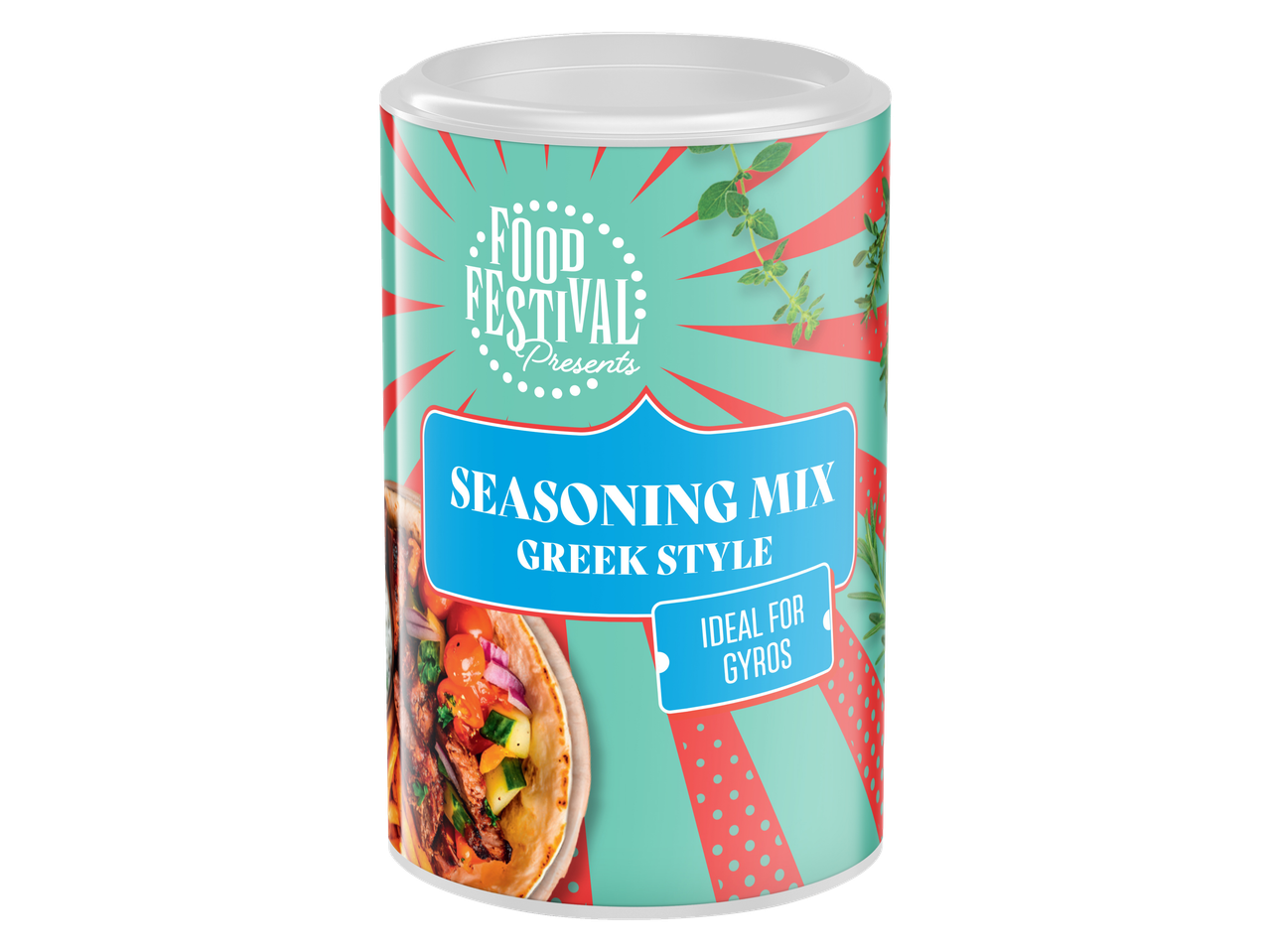 Seasoning mix, Greek style, ideal for gyros, in a cylindrical container with a gyros image.