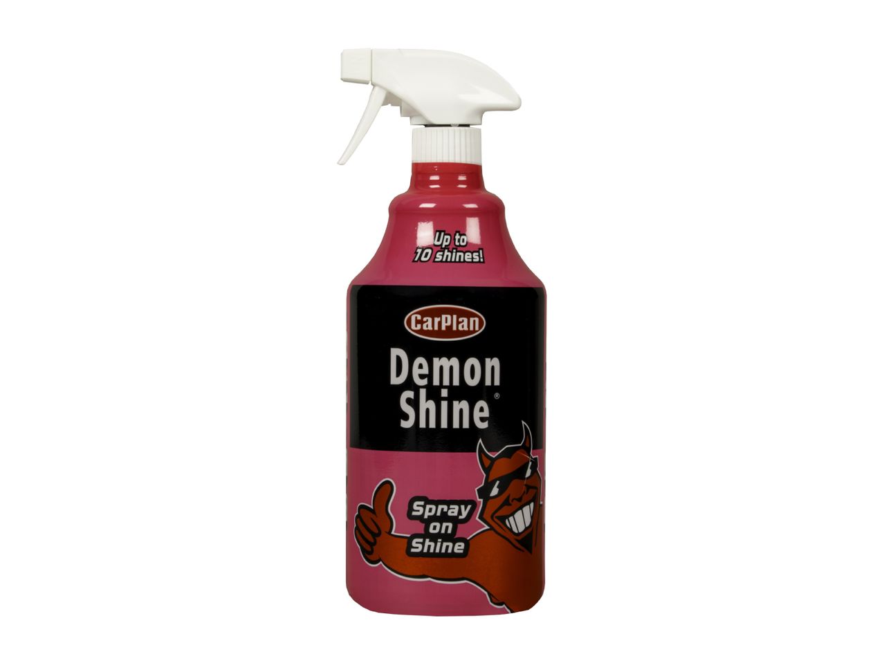 Pink spray bottle of car shine with a devil character giving a thumbs up.