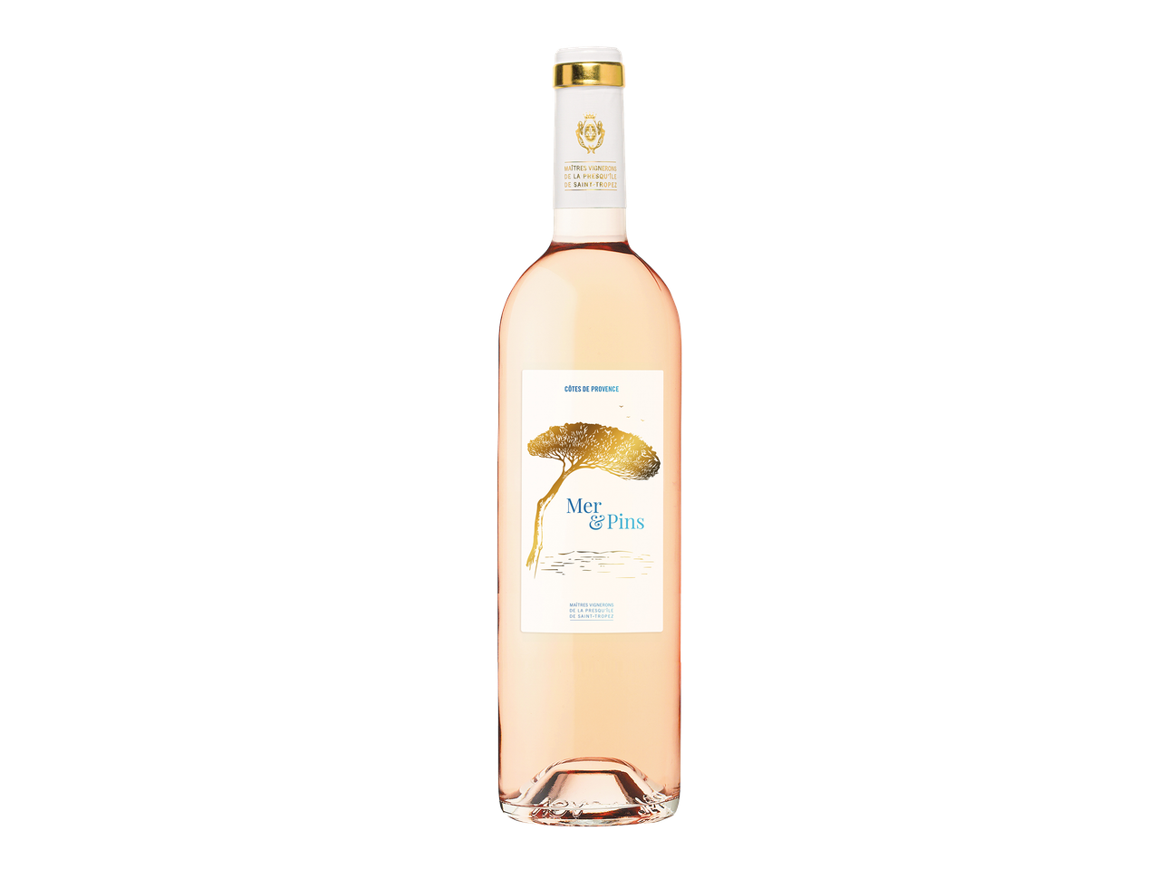 Bouteille de vin rosé de Provence avec une étiquette représentant un pin et la mer.