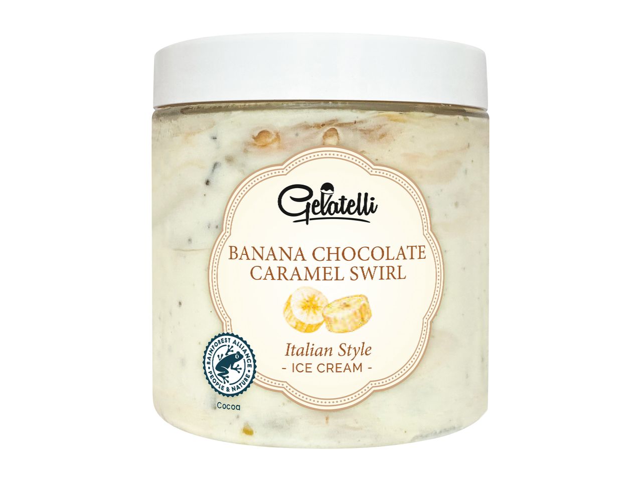 Un recipient de înghețată Gelatelli cu aromă de banane, ciocolată și caramel.