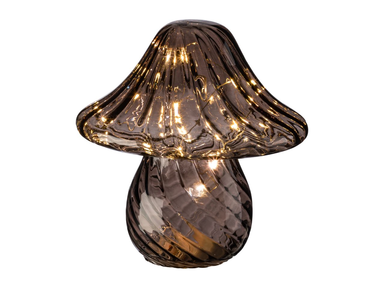 Mushroom-shaped glass table lamp with warm LED string lights inside.