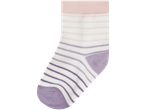 A single baby sock with pink, white, and purple stripes.