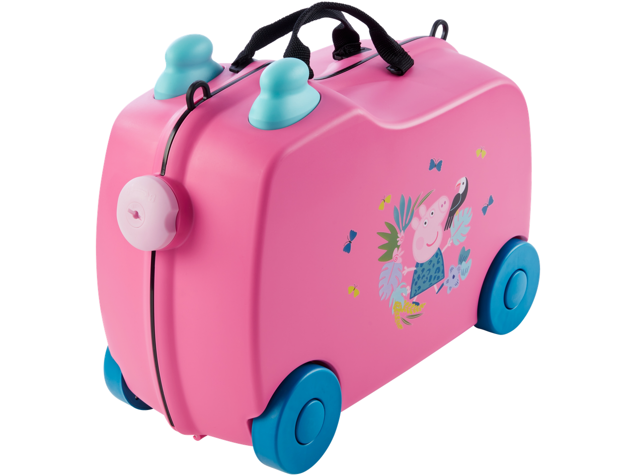 Pink kids' ride-on suitcase with Peppa Pig design, blue wheels, and handles.