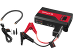 Portable jump starter with booster cables, air hose, USB cable, and various nozzles.