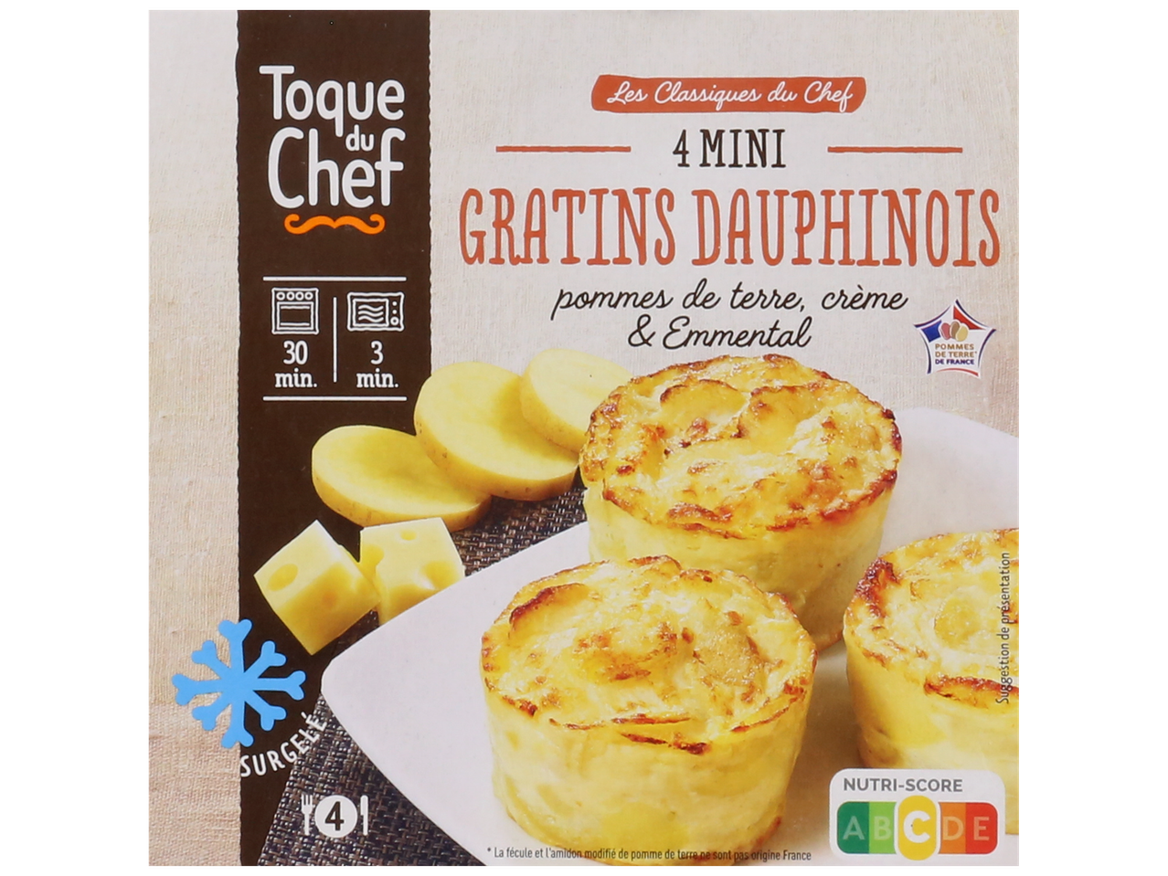 Boîte de 4 mini gratins dauphinois surgelés avec pommes de terre, crème et emmental.