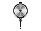 Bottom view of a black frying pan with a silver-colored, textured base and a black handle.