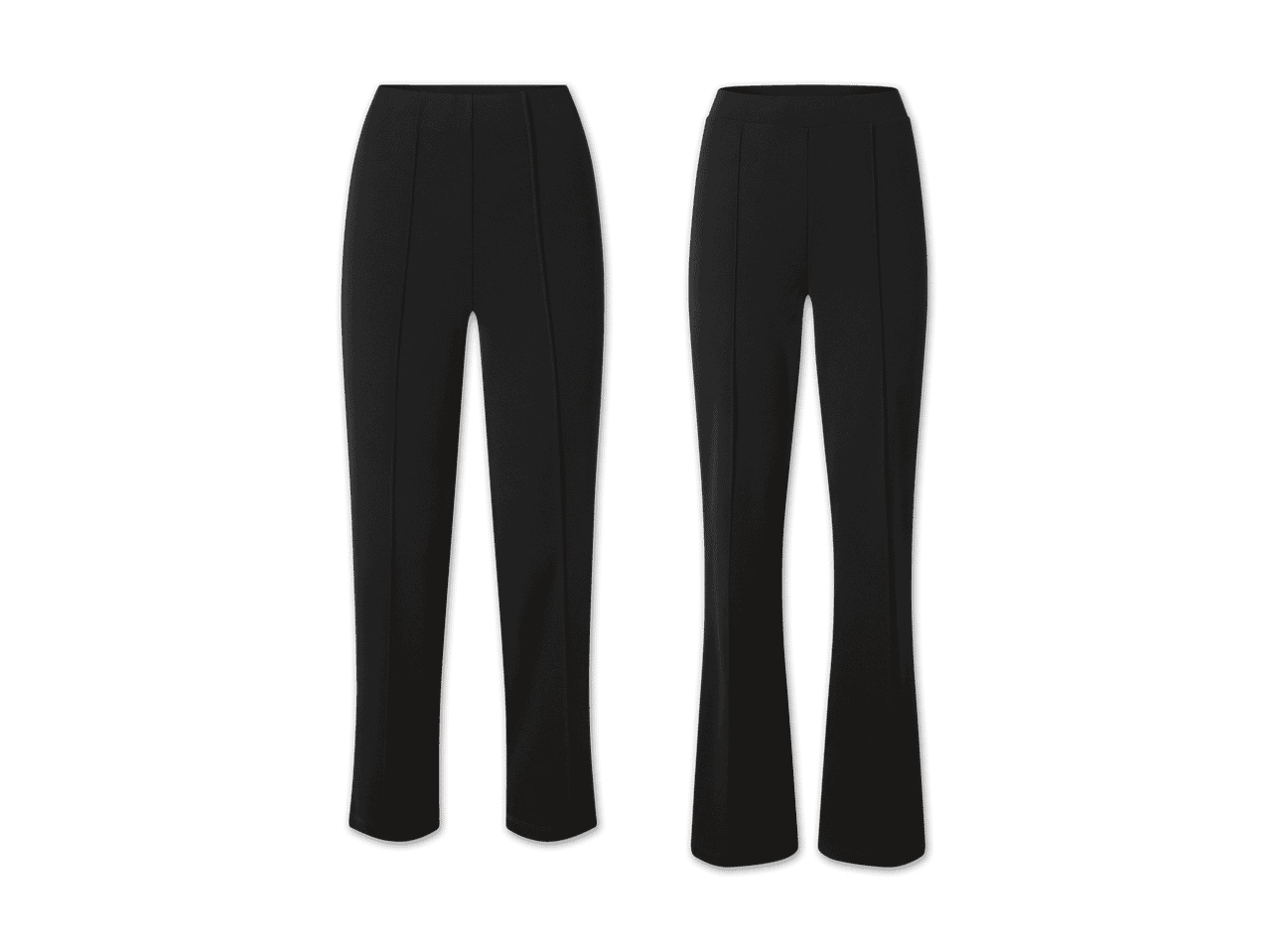 Zwei schwarze Damenhosen, eine gerade geschnitten und eine leicht ausgestellt.