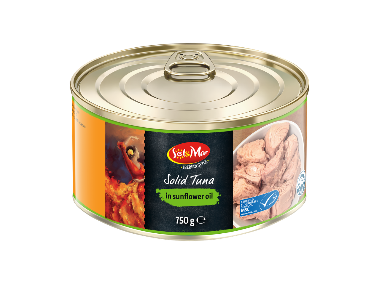Une boîte de thon entier à l'huile de tournesol, 750g, avec une danseuse de flamenco et certification MSC.