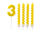 Yellow birthday candles: number 3 candle and four spiral candles.