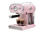 Pink espresso machine brewing coffee into two glass cups, with a temperature gauge.