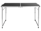 Aluminum folding table with black top.