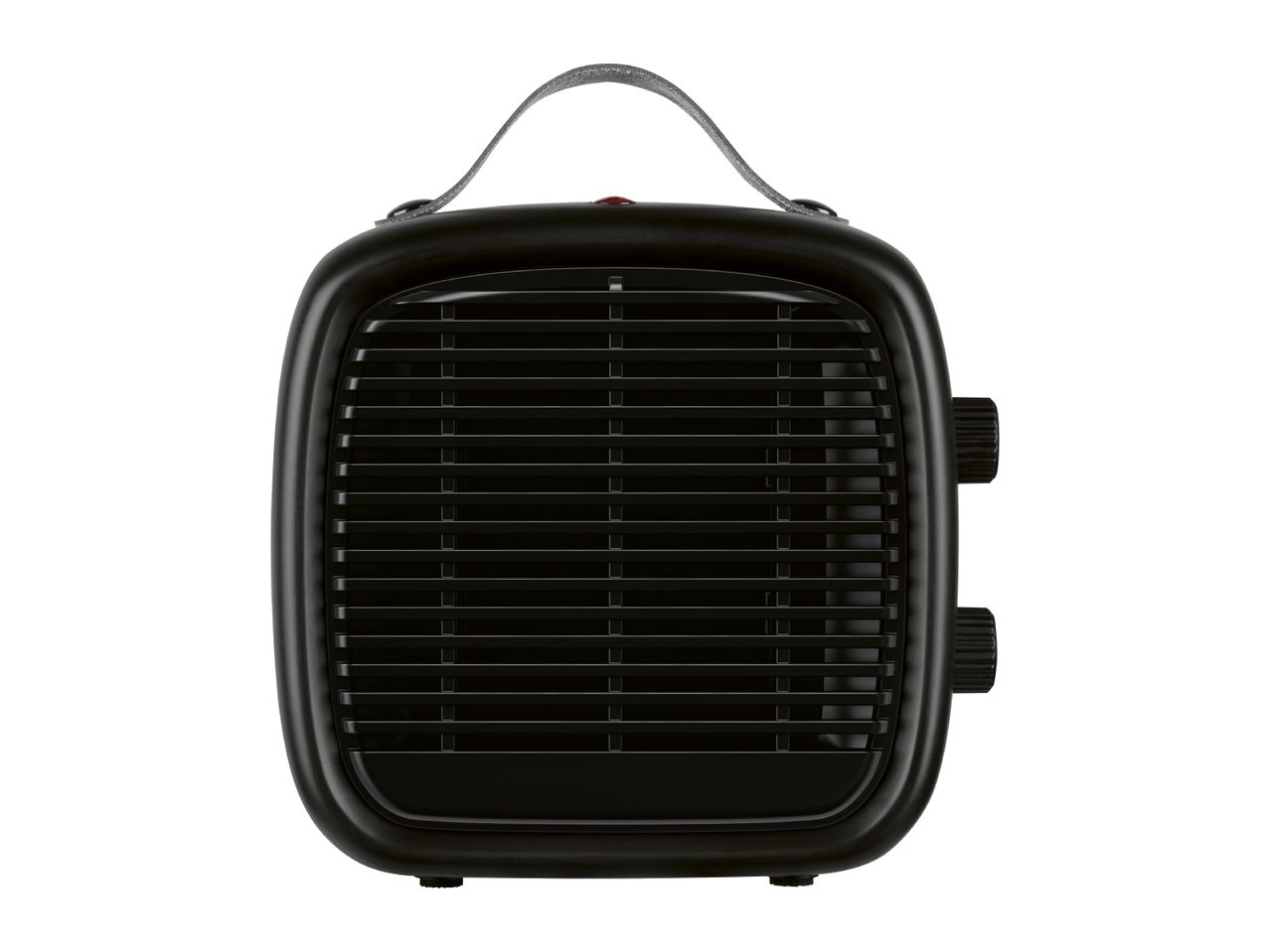 Black retro-style portable space heater with a carrying handle