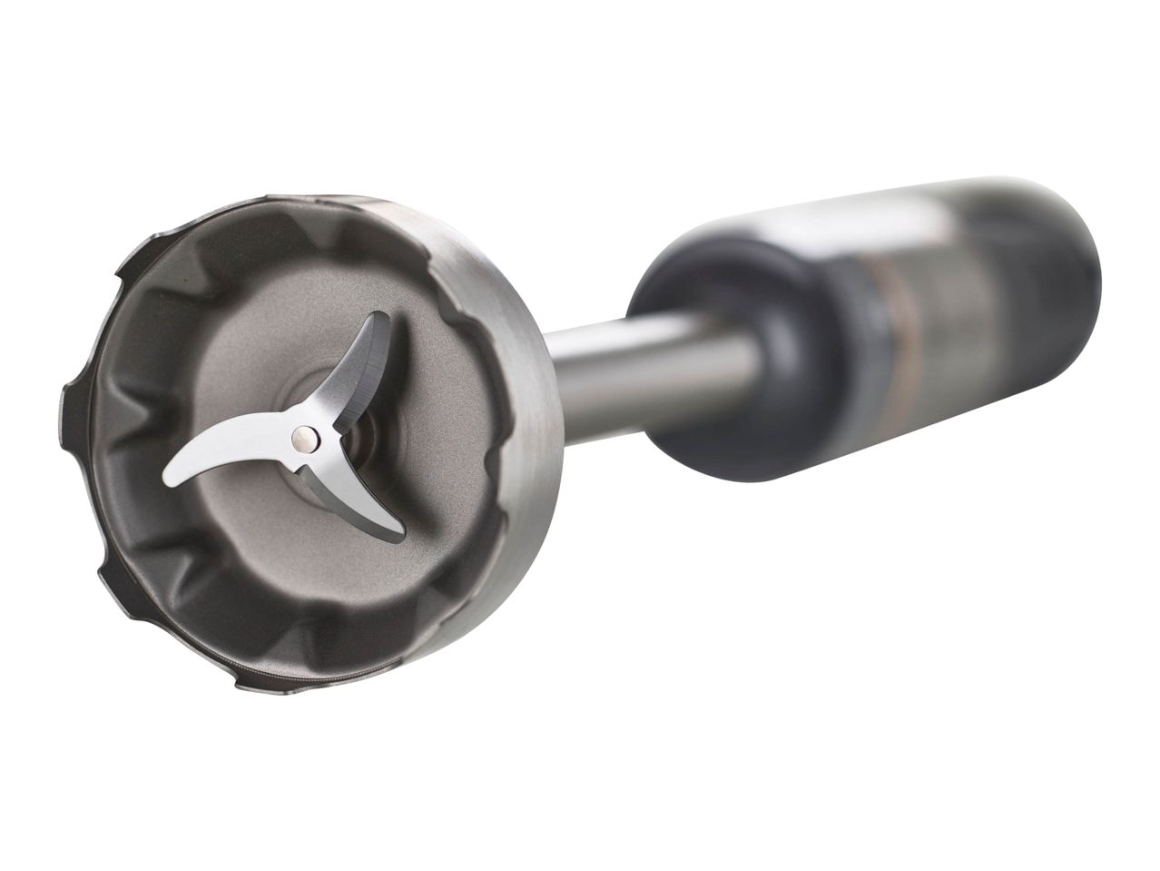 Close-up of an immersion blender's blade attachment, isolated on a white background.