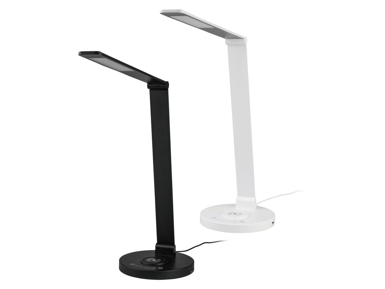 Zwei moderne LED-Schreibtischlampen, eine schwarze und eine weiße, mit kabelloser Ladefunktion.
