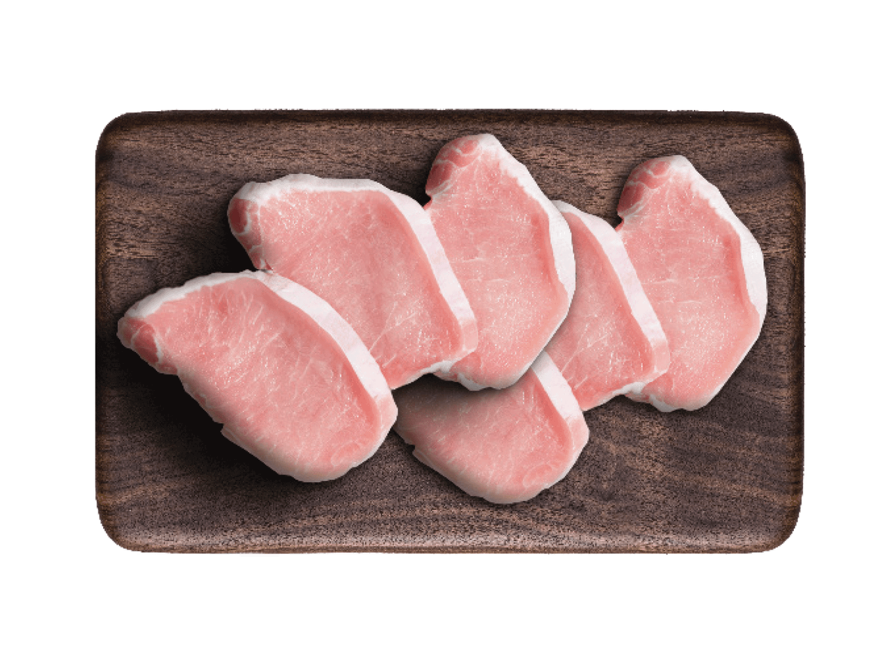 Šviežios kiaulienos nugarinės kepsniai ant medinės pjaustymo lentos.