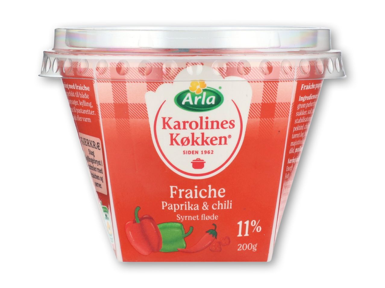 En beholder med creme fraiche med paprika og chili, 11% fedt og 200g.