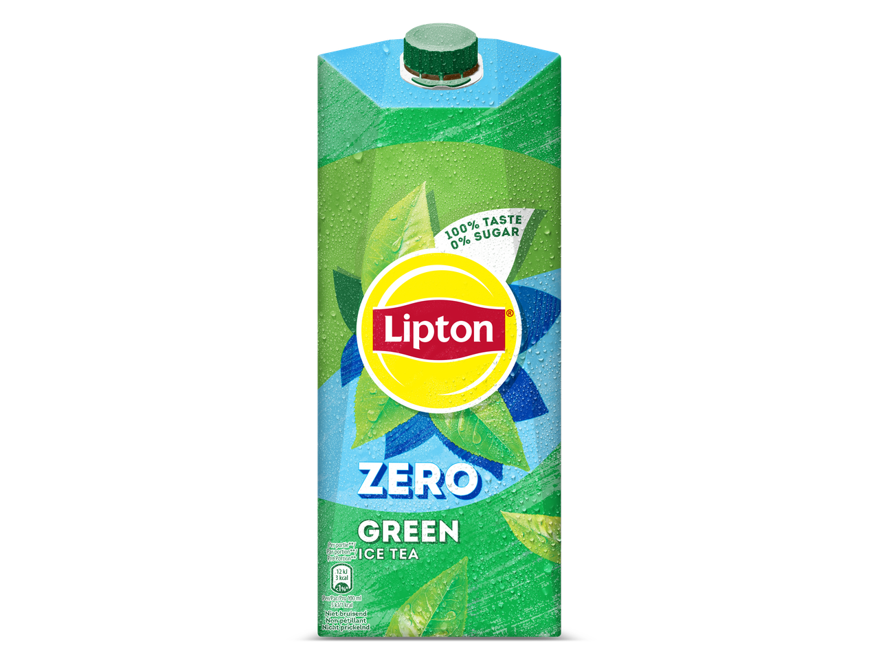 Lipton Zero Green Ice Tea pak met waterdruppels, benadrukkend 100% smaak, 0% suiker.